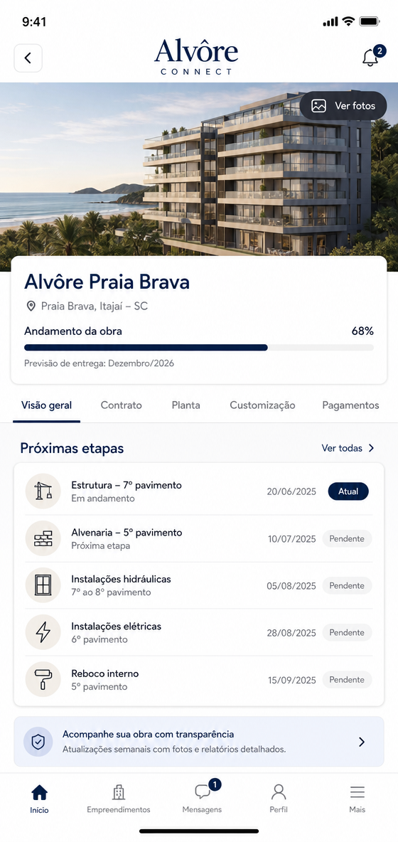 Tela de acompanhamento do empreendimento no Alvôre App
