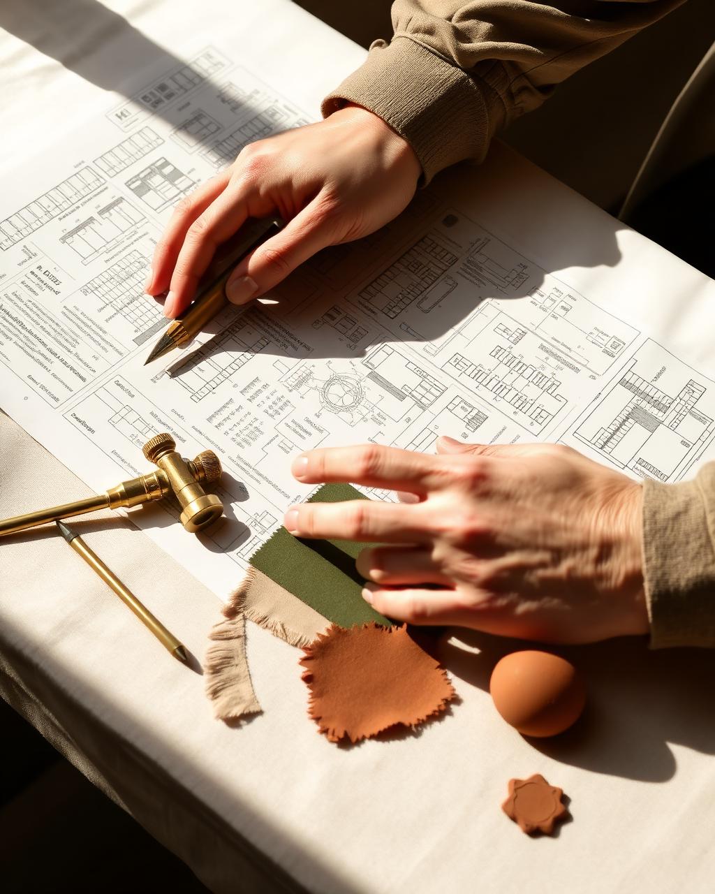 Detalhe de atelier de projeto: pranchas técnicas, amostras de tecido e instrumentos em latão
