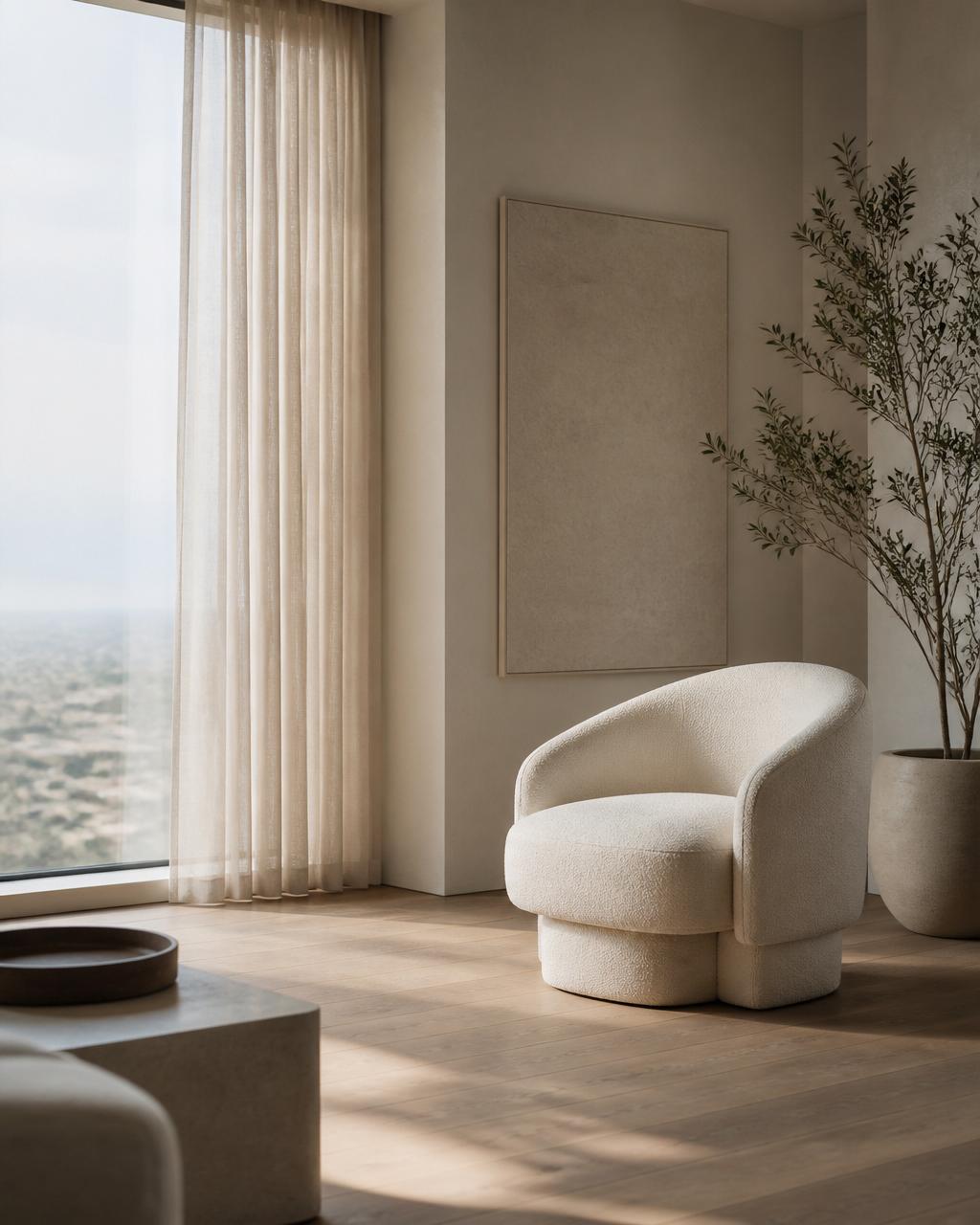 Interior minimalista com poltrona em bouclé, cortina translúcida e luz natural difusa