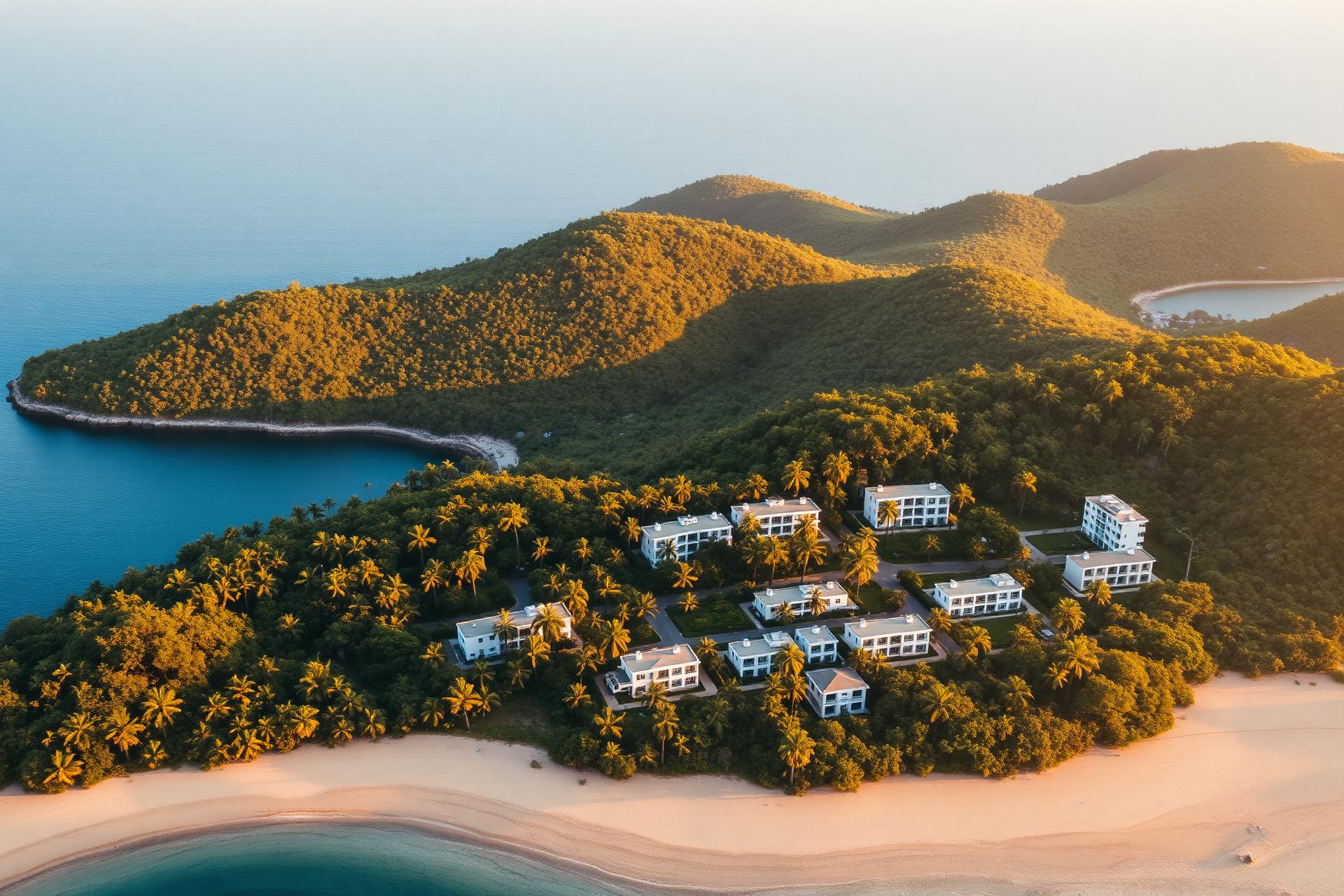 Paisagem catarinense ao entardecer, com mata atlântica e residências integradas ao relevo