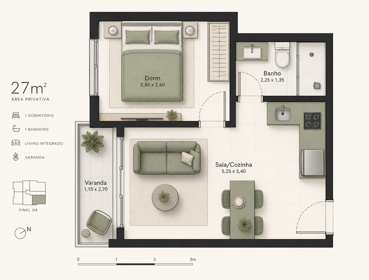 Planta baixa ilustrativa da unidade compacta de 27 m² com 1 dormitório e varanda