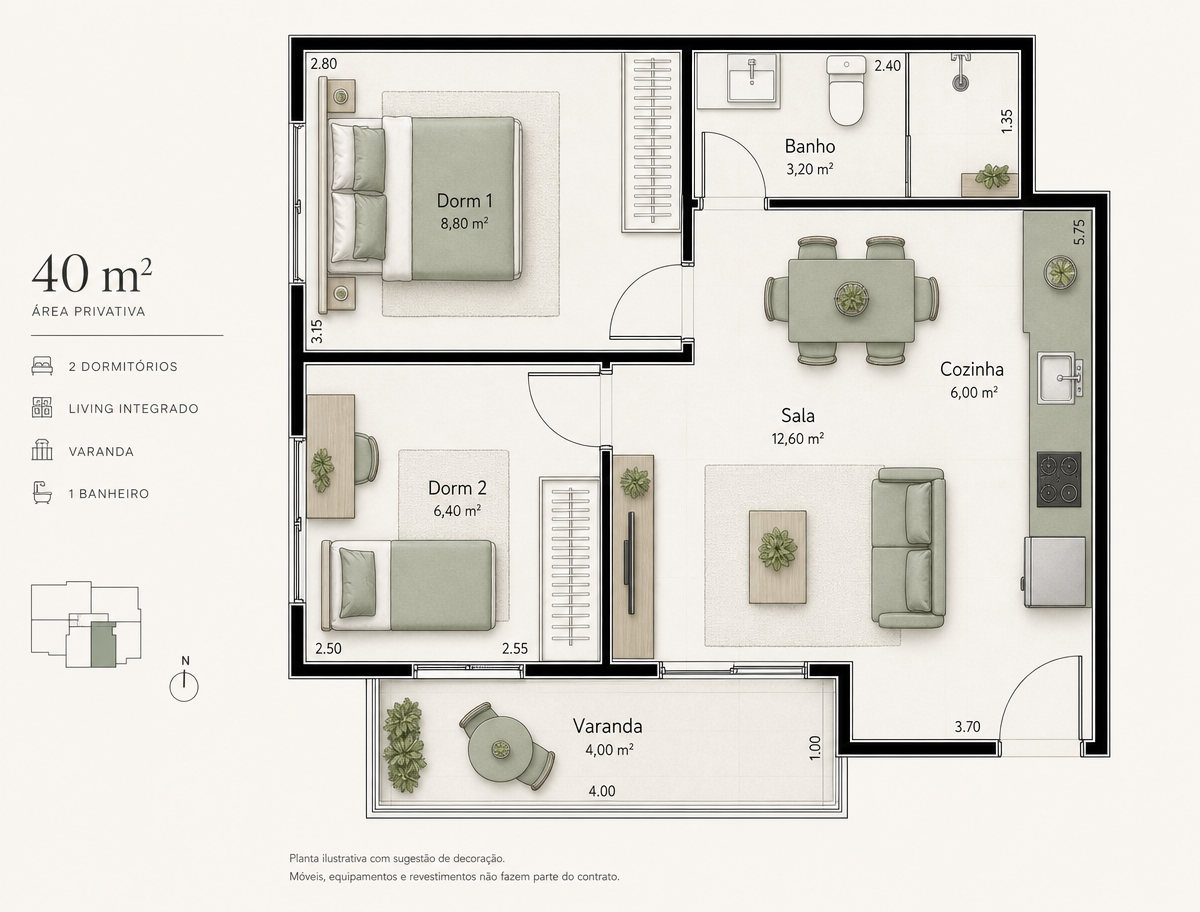 Planta baixa ilustrativa da unidade de 40 m² com 2 dormitórios e varanda